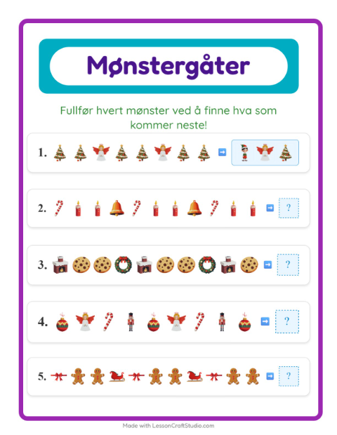 Forhåndsvisning av Mønsterark-arbeidsark med Jul for 1. trinn