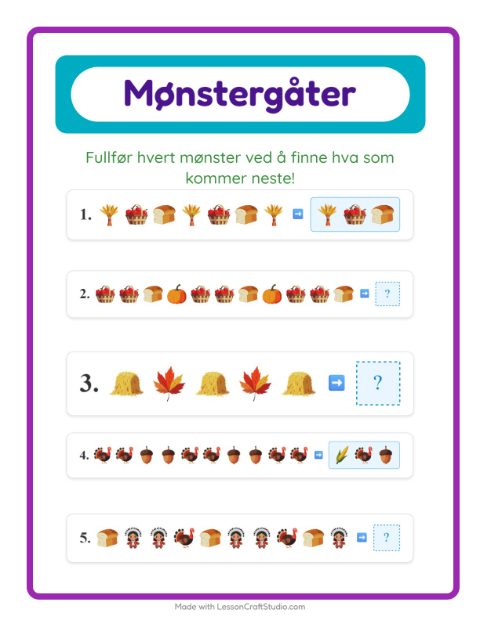 Forhåndsvisning av Mønsterark-arbeidsark med Thanksgiving for 1. trinn