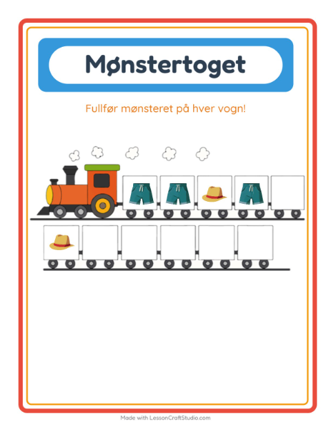 Forhåndsvisning av Mønstertoget-arbeidsark med Klær for Barnehage (5-7 år)