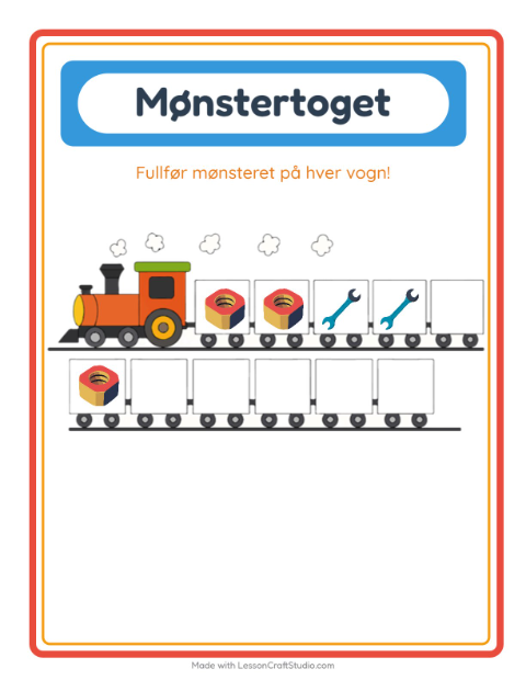 Forhåndsvisning av Mønstertoget-arbeidsark med Verktøy for Barnehage (5-7 år)