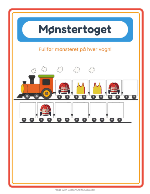 Forhåndsvisning av Mønstertoget-arbeidsark med Klær for Barnehage (5-7 år)