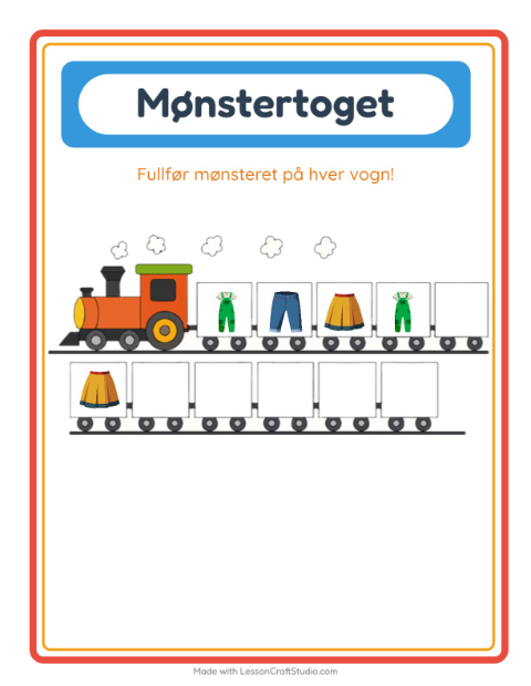 Forhåndsvisning av Mønstertoget-arbeidsark med Klær for Barnehage (5-7 år)