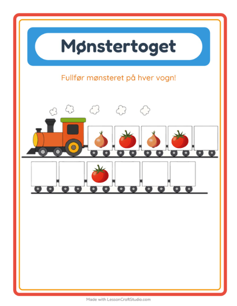 Forhåndsvisning av Mønstertoget-arbeidsark med Grønnsaker for Barnehage (5-7 år)