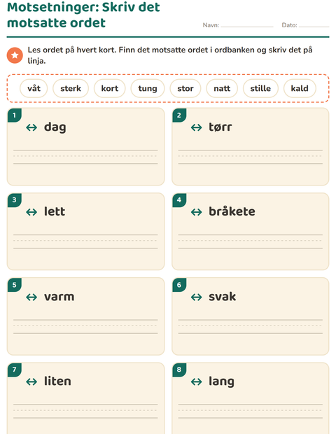 Forhåndsvisning av Motsetninger: Skriv det motsatte ordet