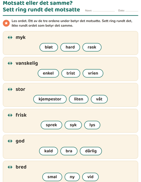 Forhåndsvisning av Motsetninger-arbeidsark for 1. trinn