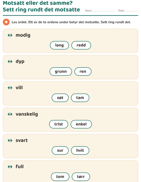 Forhåndsvisning av Motsetninger-arbeidsark for 1. trinn