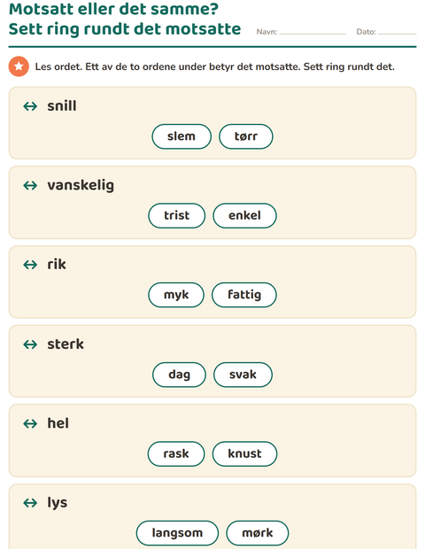 Forhåndsvisning av Motsetninger-arbeidsark for 1. trinn