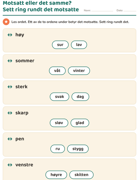 Forhåndsvisning av Motsetninger-arbeidsark for 1. trinn