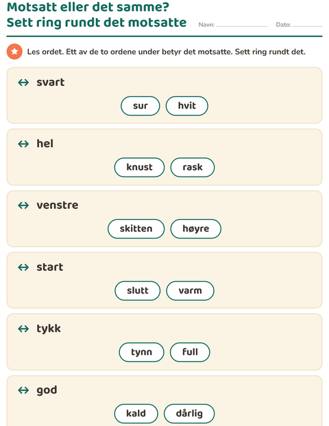 Forhåndsvisning av Motsetninger-arbeidsark for 1. trinn