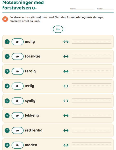 Forhåndsvisning av Motsetninger-arbeidsark for 2. trinn