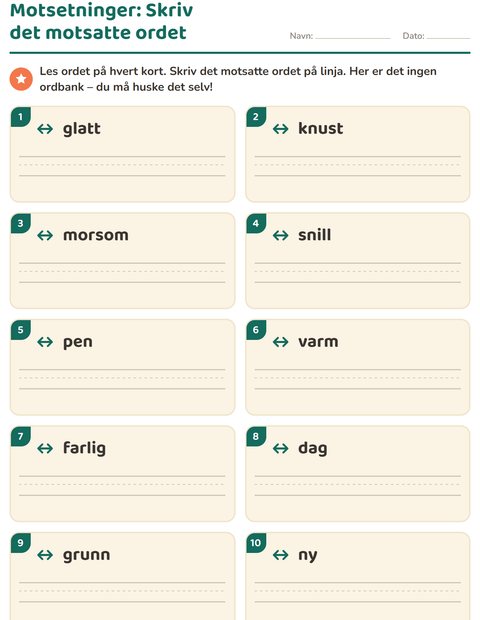 Forhåndsvisning av Motsetninger-arbeidsark for 1. trinn