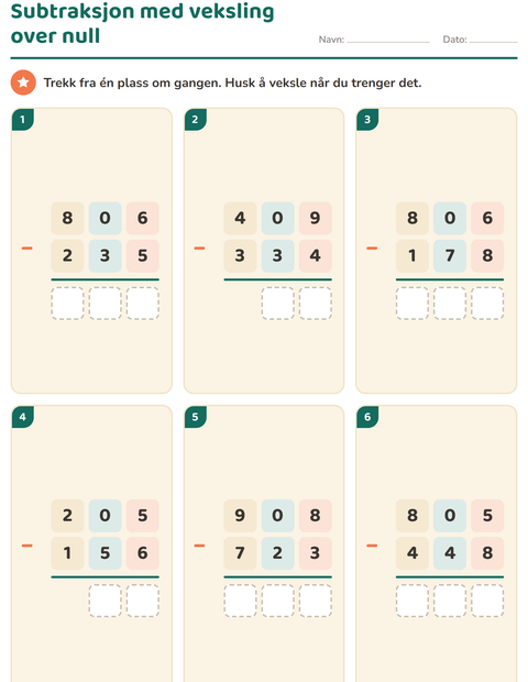 Subtraksjon med veksling over null – stykker som 302 minus 158