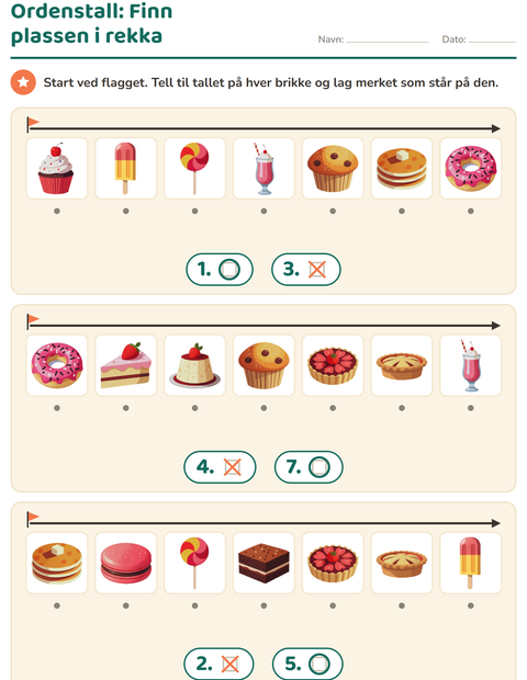 Forhåndsvisning av Ordenstall-arbeidsark med Desserter og godteri for Barnehage (5-7 år)