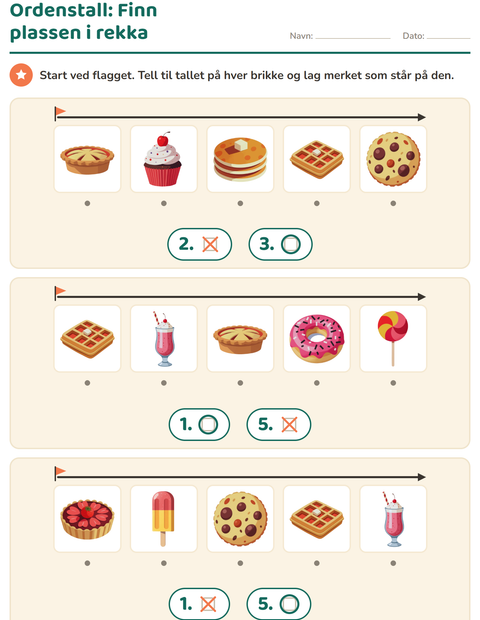 Forhåndsvisning av Ordenstall-arbeidsark med Desserter og godteri for Barnehage (5-7 år)