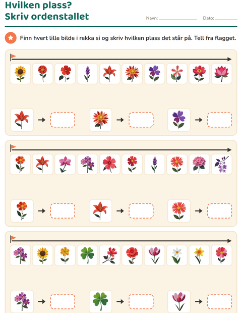 Forhåndsvisning av Ordenstall-arbeidsark med Blomster for 1. trinn
