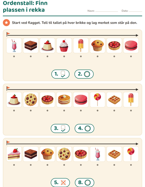 Forhåndsvisning av Ordenstall-arbeidsark med Desserter og godteri for Barnehage (5-7 år)
