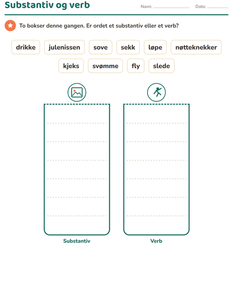 Forhåndsvisning av Ordklasser-arbeidsark med Jul for 1. trinn