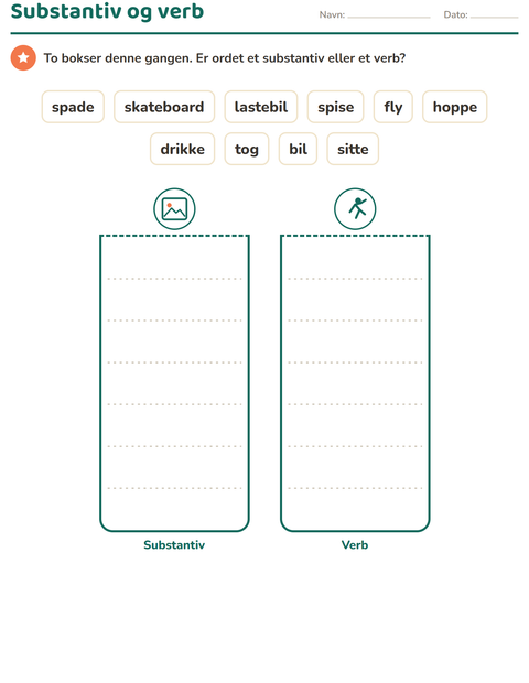 Substantiv og verb i to bokser: ti ordkort og ingen bilder som røper svaret