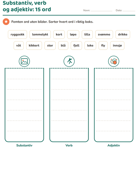 Forhåndsvisning av Ordklasser-arbeidsark med Camping for 2. trinn