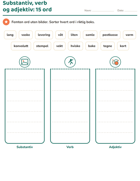 Forhåndsvisning av Ordklasser-arbeidsark med Postkontor for 2. trinn