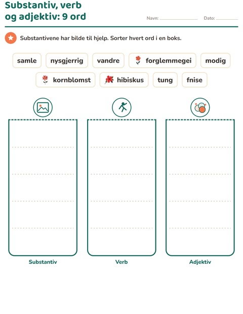 Forhåndsvisning av Ordklasser-arbeidsark med Blomster for 2. trinn