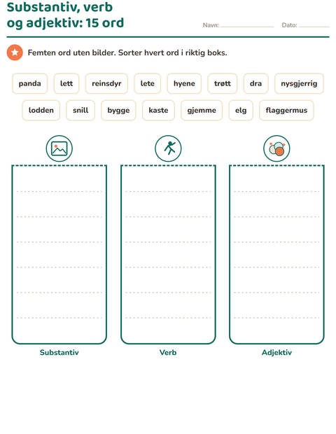 Forhåndsvisning av Ordklasser-arbeidsark med Dyrehagedyr for 2. trinn