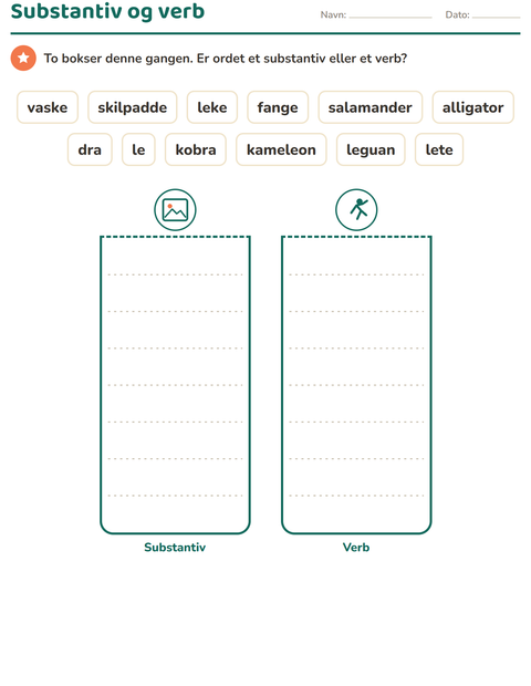 Forhåndsvisning av Ordklasser-arbeidsark med Reptiler og amfibier for 1. trinn