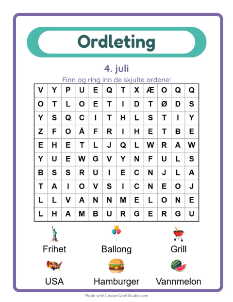 Forhåndsvisning av Ordleting-arbeidsark med 4. juli for 1. trinn
