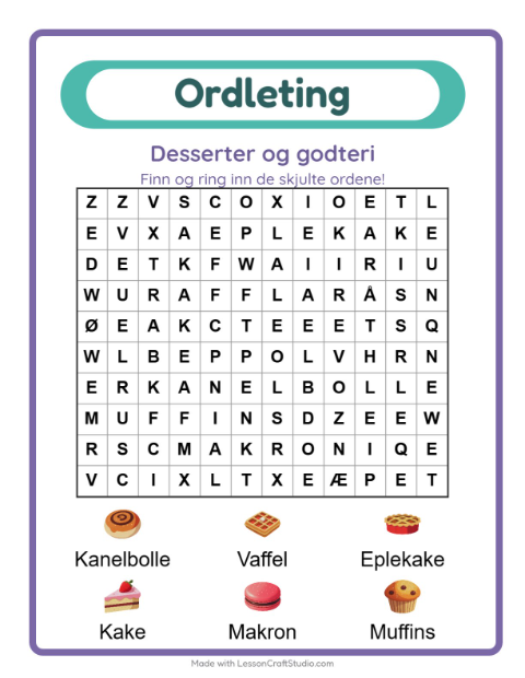 Forhåndsvisning av Ordleting-arbeidsark med Desserter og godteri for 1. trinn