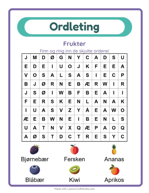 Forhåndsvisning av Ordleting-arbeidsark med Frukter for 1. trinn