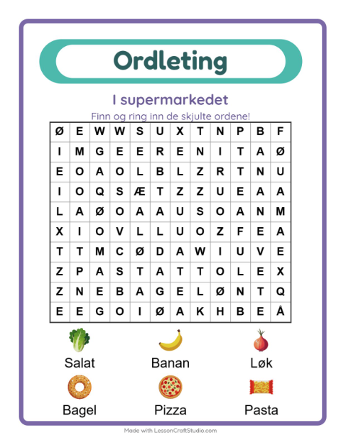 Forhåndsvisning av Ordleting-arbeidsark med I supermarkedet for 1. trinn