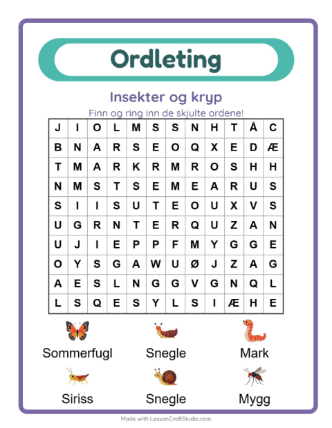 Forhåndsvisning av Ordleting-arbeidsark med Insekter og kryp for 1. trinn