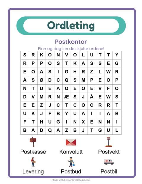 Forhåndsvisning av Ordleting-arbeidsark med Postkontor for 1. trinn
