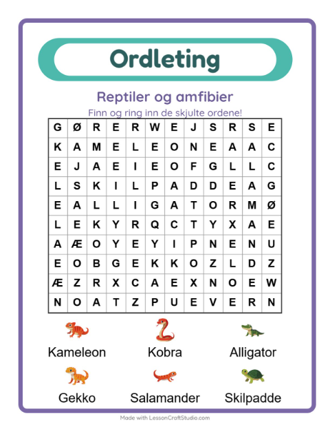 Forhåndsvisning av Ordleting-arbeidsark med Reptiler og amfibier for 1. trinn