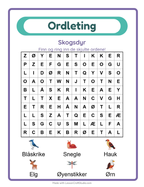 Forhåndsvisning av Ordleting-arbeidsark med Skogsdyr for 1. trinn
