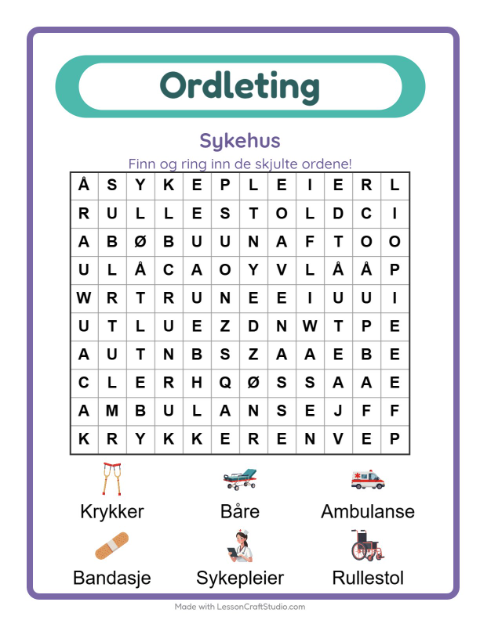 Forhåndsvisning av Ordleting-arbeidsark med Sykehus for 1. trinn