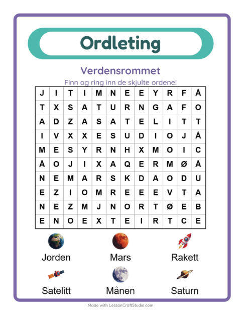 Forhåndsvisning av Ordleting-arbeidsark med Verdensrommet for 1. trinn