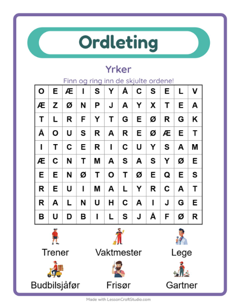 Forhåndsvisning av Ordleting-arbeidsark med Yrker for 1. trinn