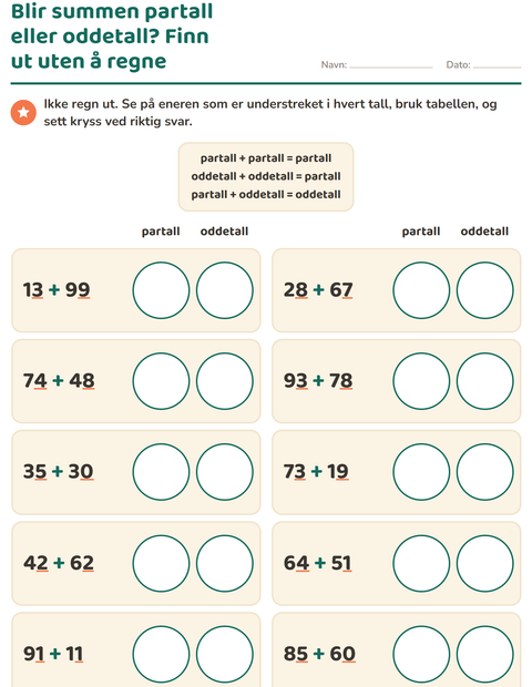 Forhåndsvisning av Partall og oddetall-arbeidsark for 3. trinn