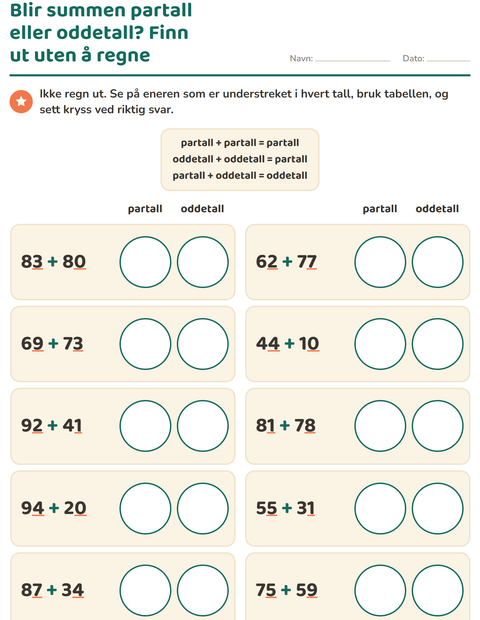 Forhåndsvisning av Partall og oddetall-arbeidsark for 3. trinn