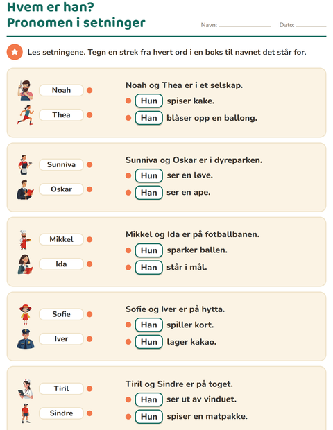 Forhåndsvisning av Personlige pronomen-arbeidsark for 2. trinn