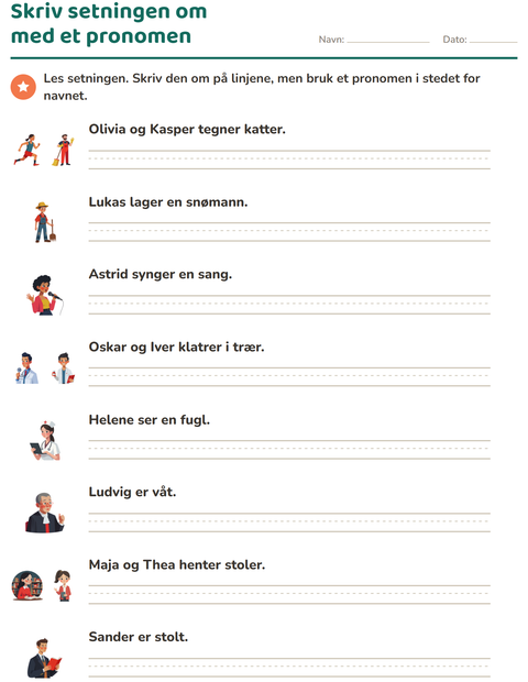 Forhåndsvisning av Personlige pronomen-arbeidsark for 2. trinn