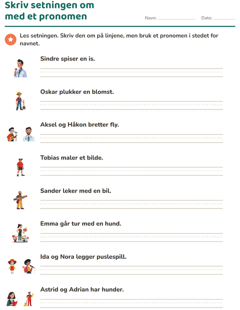 Forhåndsvisning av Personlige pronomen-arbeidsark for 2. trinn