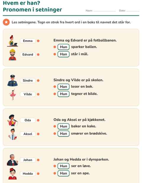 Forhåndsvisning av Personlige pronomen-arbeidsark for 2. trinn