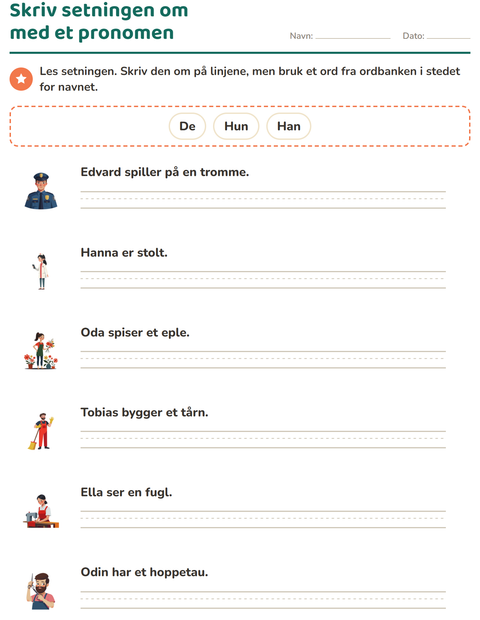 Forhåndsvisning av Personlige pronomen-arbeidsark for 2. trinn