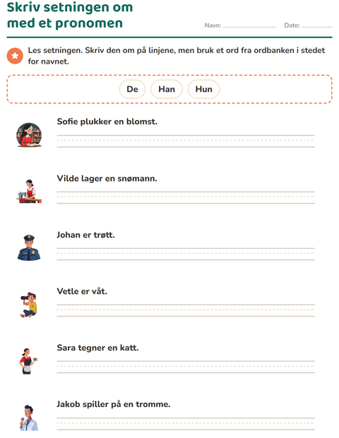 Forhåndsvisning av Personlige pronomen-arbeidsark for 2. trinn