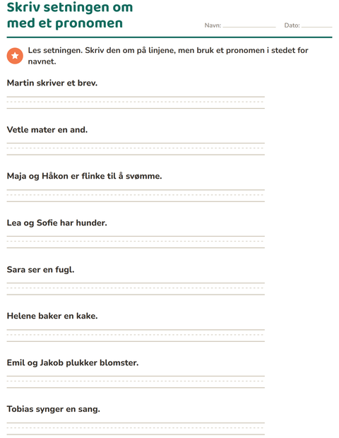 Forhåndsvisning av Personlige pronomen-arbeidsark for 2. trinn