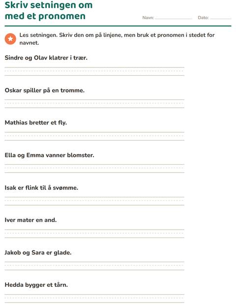 Forhåndsvisning av Personlige pronomen-arbeidsark for 2. trinn