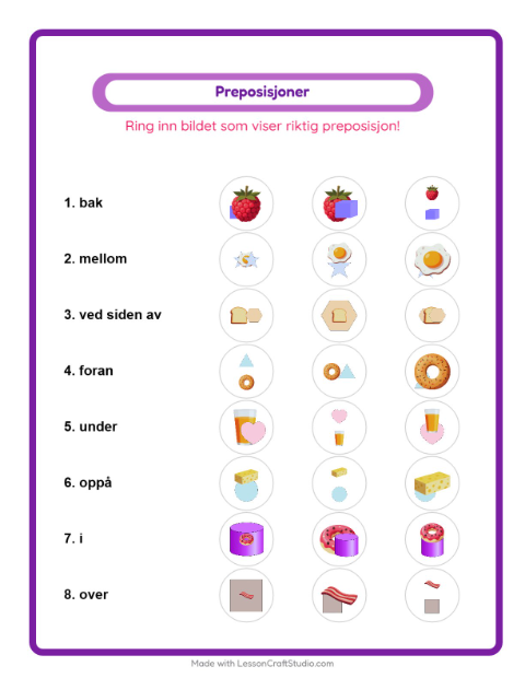 Forhåndsvisning av Preposisjoner-arbeidsark med Frokost for Barnehage (5-7 år)