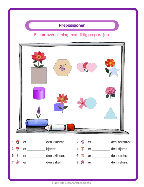 Forhåndsvisning av Preposisjoner-arbeidsark med Blomster for Barnehage (5-7 år)